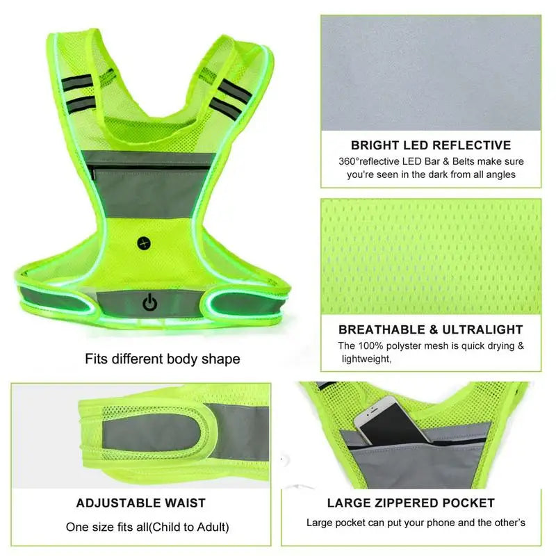 Night Running LED Reflective vest With Adjustable Elastic Belt 360 Degree Visibility Warning Night Lights For Night Sports